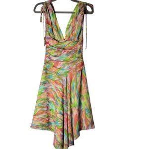 VVTG Y2K ABS by Allen Schwartz Dress 2 Rainbow Swirl Ruched Handkerchief Hem